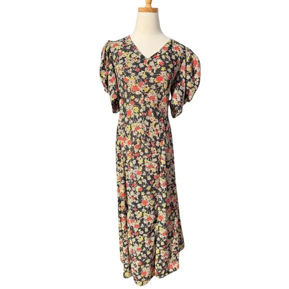 Topshop Grunge Midi Dress V-Neck Front Panel Black Floral Print Size 8 - Picture 4 of 10